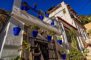 blue pots with flowers on a white building in the old town of Alicante Spain photo