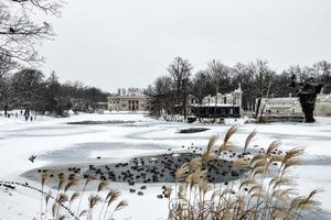 historic palace on the water in  in Warsaw, Poland during snowy winter photo