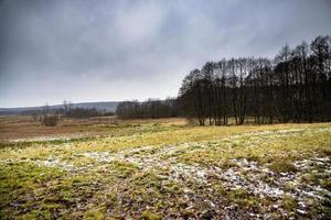 invierno agrícola paisaje con nieve en un nublado día en Polonia foto