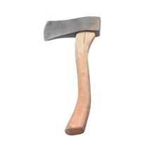 Old rust dirty dark gray Thai or Asian axe with brown wooden handle isolated on white background with clipping path photo