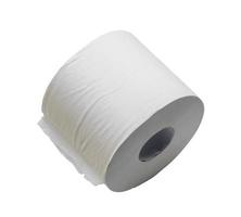 Close up photo of single roll of white tissue paper or napkin prepared for use in toilet or restroom isolated on white background with clipping path