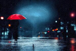 illustration of a red umbrella in the rain photo