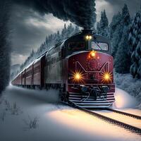 illustration steam train drives through snow made with photo