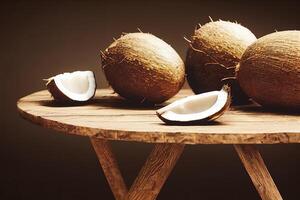 3D illustration of a rustic table with fresh coconut photo