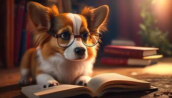 dog wearing glasses reading book with a light shining, photo