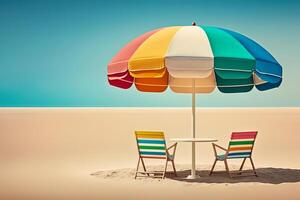 paraguas y dos sillas en el playa, preparado para broncearse por el agua. el concepto de Días festivos y un bueno día festivo. ai generado foto