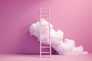 Step ladder leading to the clouds. Goal achievement, development and spirituality concept. Minimal composition in Viva Magenta colors. photo