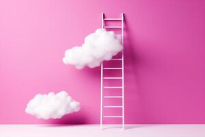 Step ladder leading to the clouds. Goal achievement, development and spirituality concept. Minimal composition in Viva Magenta colors. photo