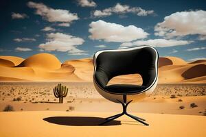 un moderno silla en pie solo en el caliente desierto. el concepto de moderno mueble para todas condiciones. ai generado foto