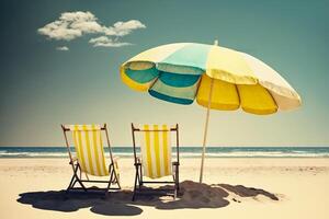 paraguas y dos sillas en el playa, preparado para broncearse por el agua. el concepto de Días festivos y un bueno día festivo. ai generado foto