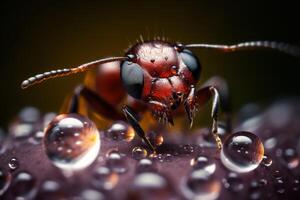 Very close and detailed macro portrait of an ant on a dark background. photo