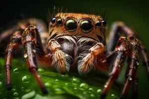 Very close and detailed macro portrait of a spider against a dark background. photo