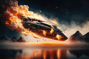 Spectacular spaceship crash, flaming rocket falls into the water. photo