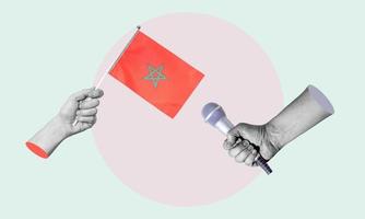 Art collage, collage of a hand holding the flag of Morocco, microphone in the other hand. photo