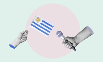 Art collage, collage of a hand holding the flag of Uruguay, microphone in the other hand. photo