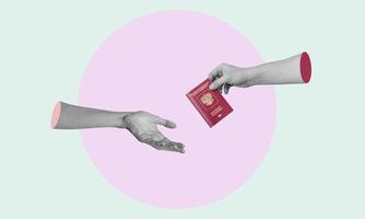 Art collage, the hand with a Russian passport passes to another hand. photo