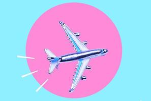 Art collage, an airplane in neon colors and in a neon circle. photo