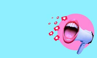 Art collage, Screaming mouth with loudspeaker Modern design, modern creative art collage. photo