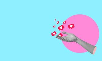 Human female hands showing hearts and social media symbols, isolated on blue background with space for advertising. photo