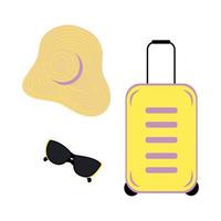 Travel set of suitcase, wide brimmed hat and sunglasses in trendy bright shades. Hello summer. EPS vector