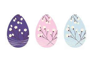 Set of 3 Easter eggs with pattern of cherry branches entangled with thin threads in trendy shades vector