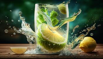 lemonade in glass with splash on wooden table and green blurred background. Summer refreshing drink. photo