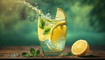 limonada en vaso con chapoteo en de madera mesa y verde borroso antecedentes. verano refrescante beber. generativo ai foto
