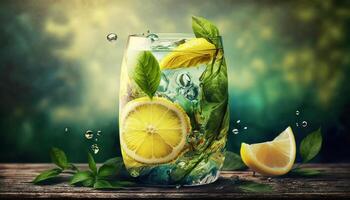 lemonade in glass with splash on wooden table and green blurred background. Summer refreshing drink. photo