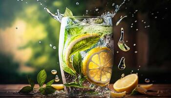 lemonade in glass with splash on wooden table and green blurred background. Summer refreshing drink. photo