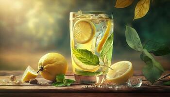lemonade in glass with splash on wooden table and green blurred background. Summer refreshing drink. photo