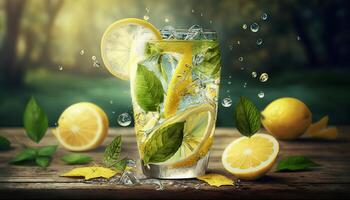 lemonade in glass with splash on wooden table and green blurred background. Summer refreshing drink. photo