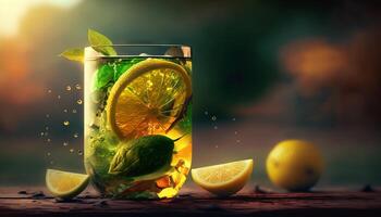 lemonade in glass with splash on wooden table and green blurred background. Summer refreshing drink. photo