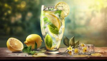lemonade in glass with splash on wooden table and green blurred background. Summer refreshing drink. photo