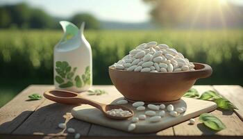 white beans in wooden scoop on table with green legume field on sunny day on the background. photo