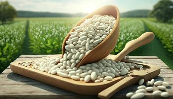 white beans in wooden scoop on table with green legume field on sunny day on the background. photo