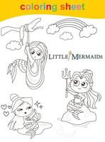 Cute mermaid princess. Coloring activity worksheet. The Little Mermaid. A magical creature. Vector outline for coloring page.