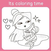 Cute mermaid princess. Coloring activity worksheet. The Little Mermaid. A magical creature. Vector outline for coloring page.