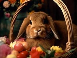 Easter Bunny In Basket With Flowers Decorated, photo