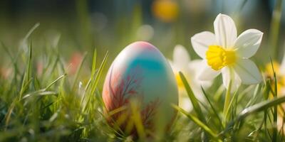 Pascua de Resurrección huevos en el prado. fondo de pantalla. generado ai foto