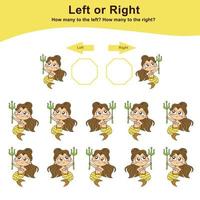 Counting mermaids left or right worksheet. Educational printable math worksheet. Vector illustration.