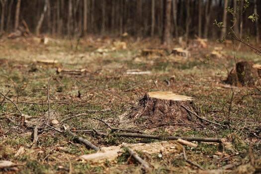 The picture after felling is a lot of stumps of coniferous trees remaining in the ground. stumps after illegal felling. selective focus photo