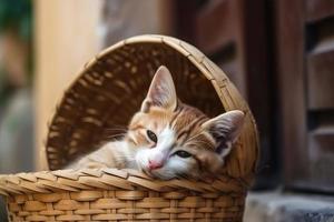 Cute cat wearing a cap, lies in a basket, background house door. photo