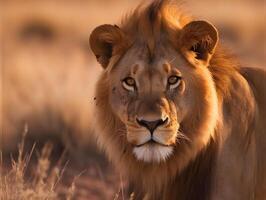 Close-up of lion in the savannah. Wildlife wallpaper. photo