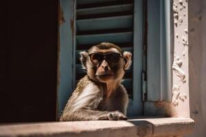 Monkey on house window, wearing a sun glasses. photo