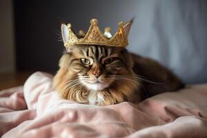 Cute cat wears a crown, lies in a basket, covered with a blanket photo