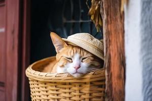 Cute cat wearing a cap, lies in a basket, background house door. photo