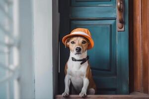 Cute dog wearing a cap, background house door. photo