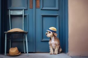 Cute dog wearing a cap, background house door. photo