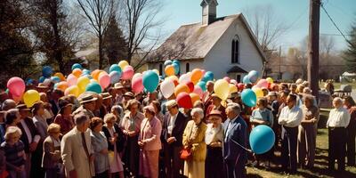 Easter party in the churchyard in fine weather. photo