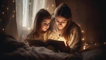 un momento de un madre y niño abrazado arriba juntos leyendo un libro, con suave Encendiendo y acogedor alrededores. de la madre día. generativo ai foto